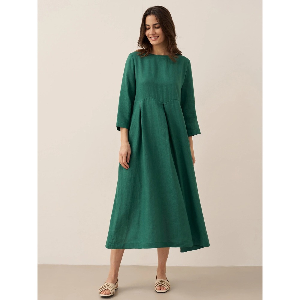 Lintico Midi Dress ABIGAIL 100% Linen‎ Bateau Neck Pleated Verdant Green XXL